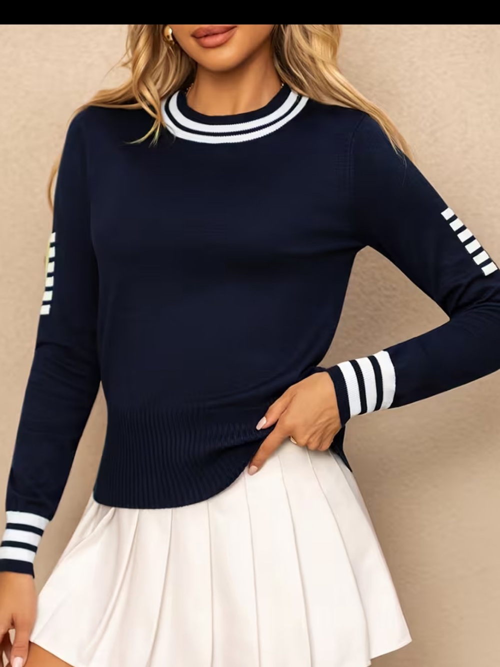 Navy Stripe-Trim Crew Neck Sweater